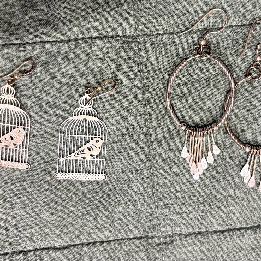 Silver Birdcage and Hoop Earrings Set